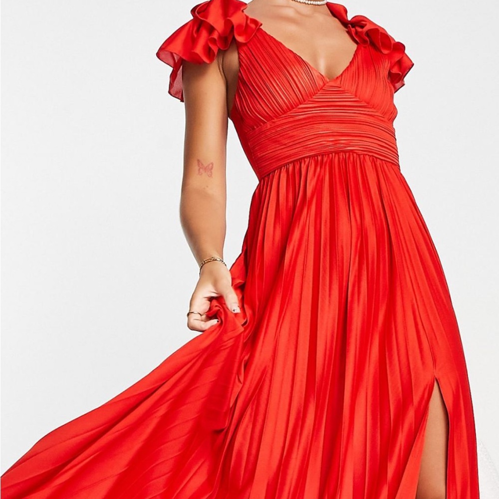 ASOS DESIGN frill sleeve plisse maxi dress in red